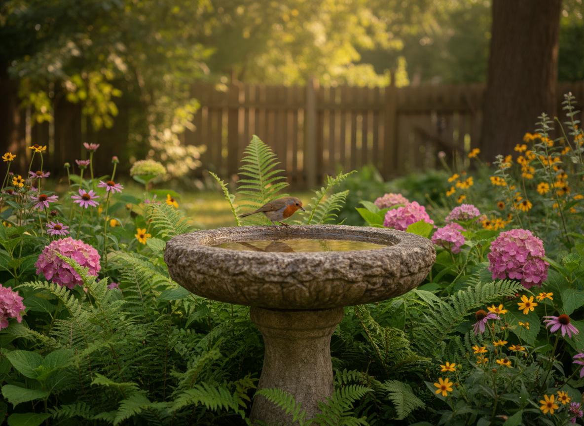 Bird bath in garden setting