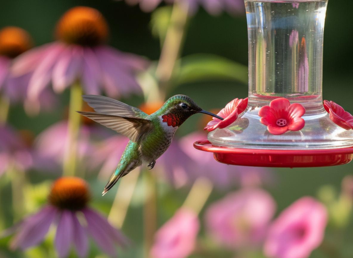 Ruby-throated hummingbird at feeder