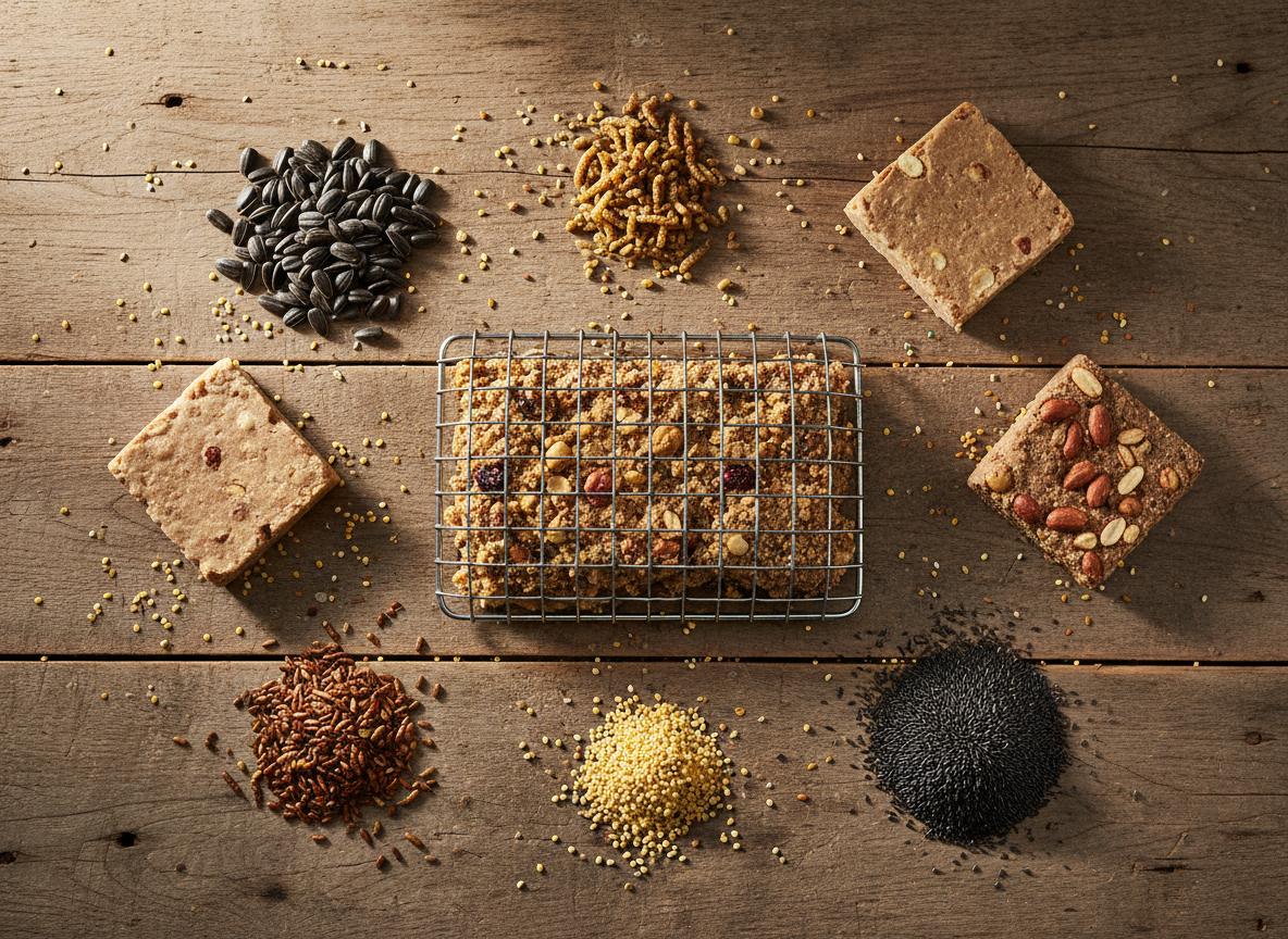 Variety of bird seeds and suet cakes